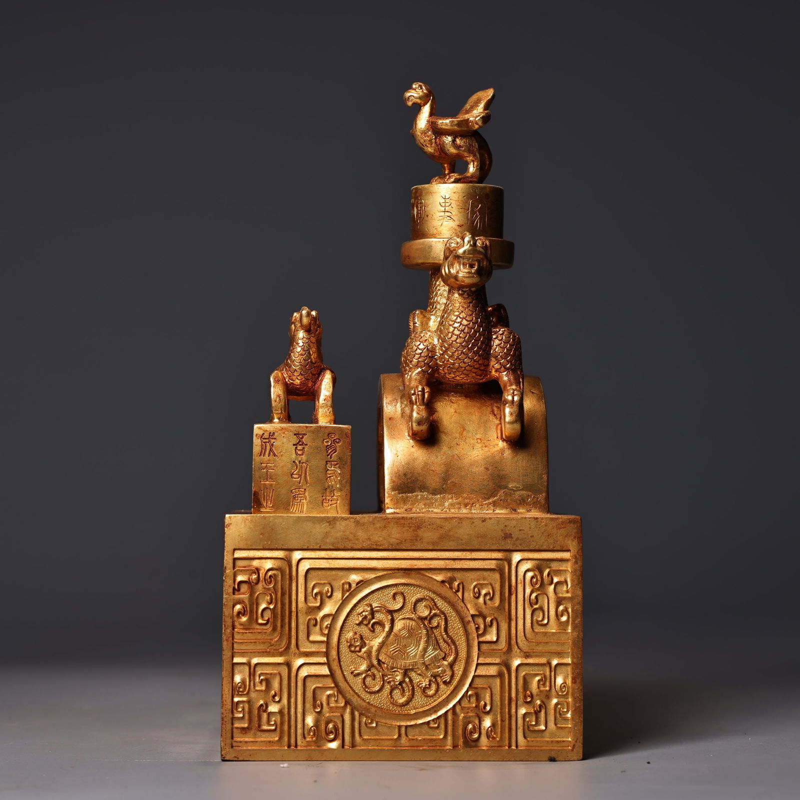 Old Chinese Gilt Gold Copper Fortune Dragon Seal - 3