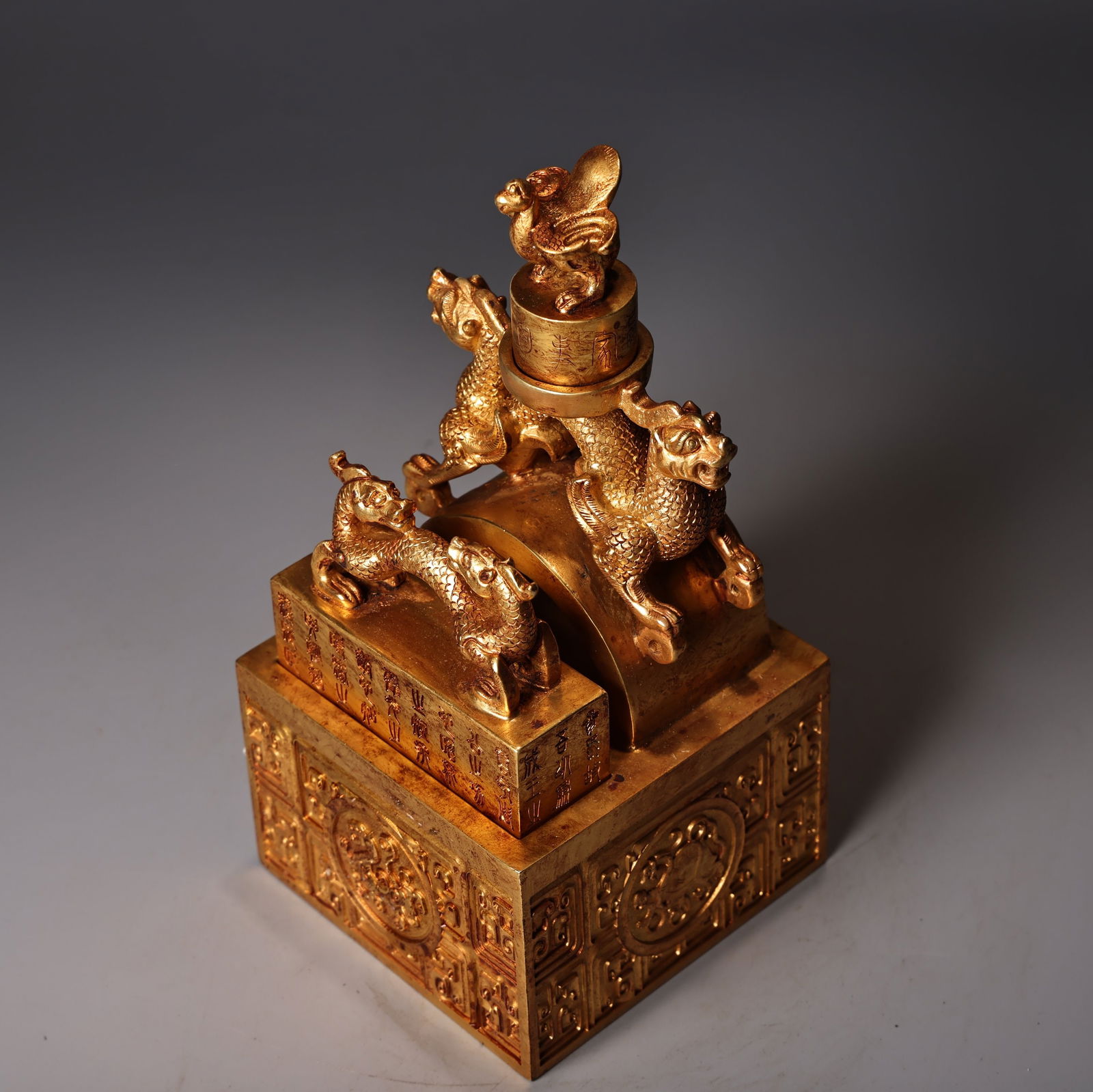 Old Chinese Gilt Gold Copper Fortune Dragon Seal - 7