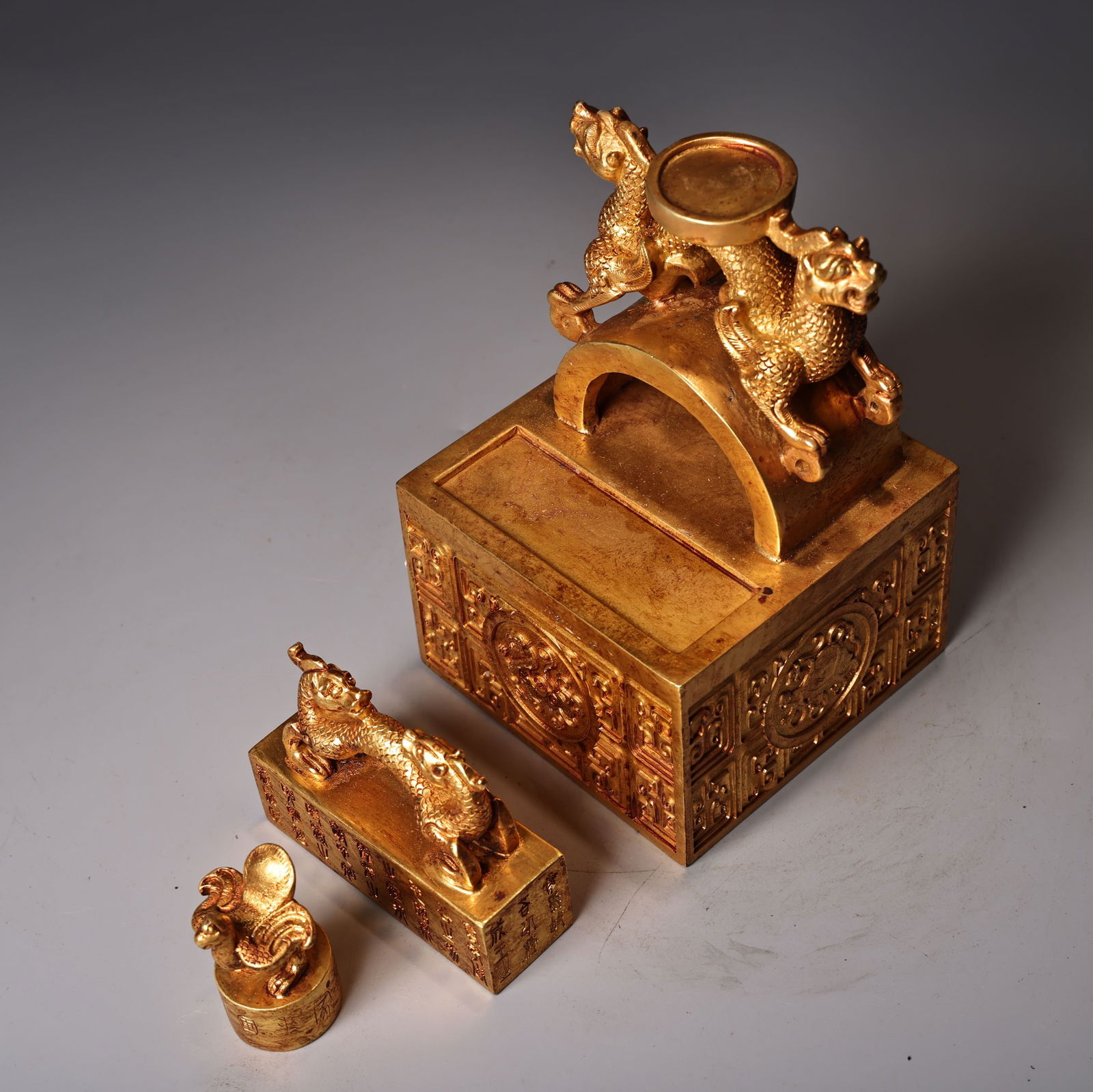 Old Chinese Gilt Gold Copper Fortune Dragon Seal - 8