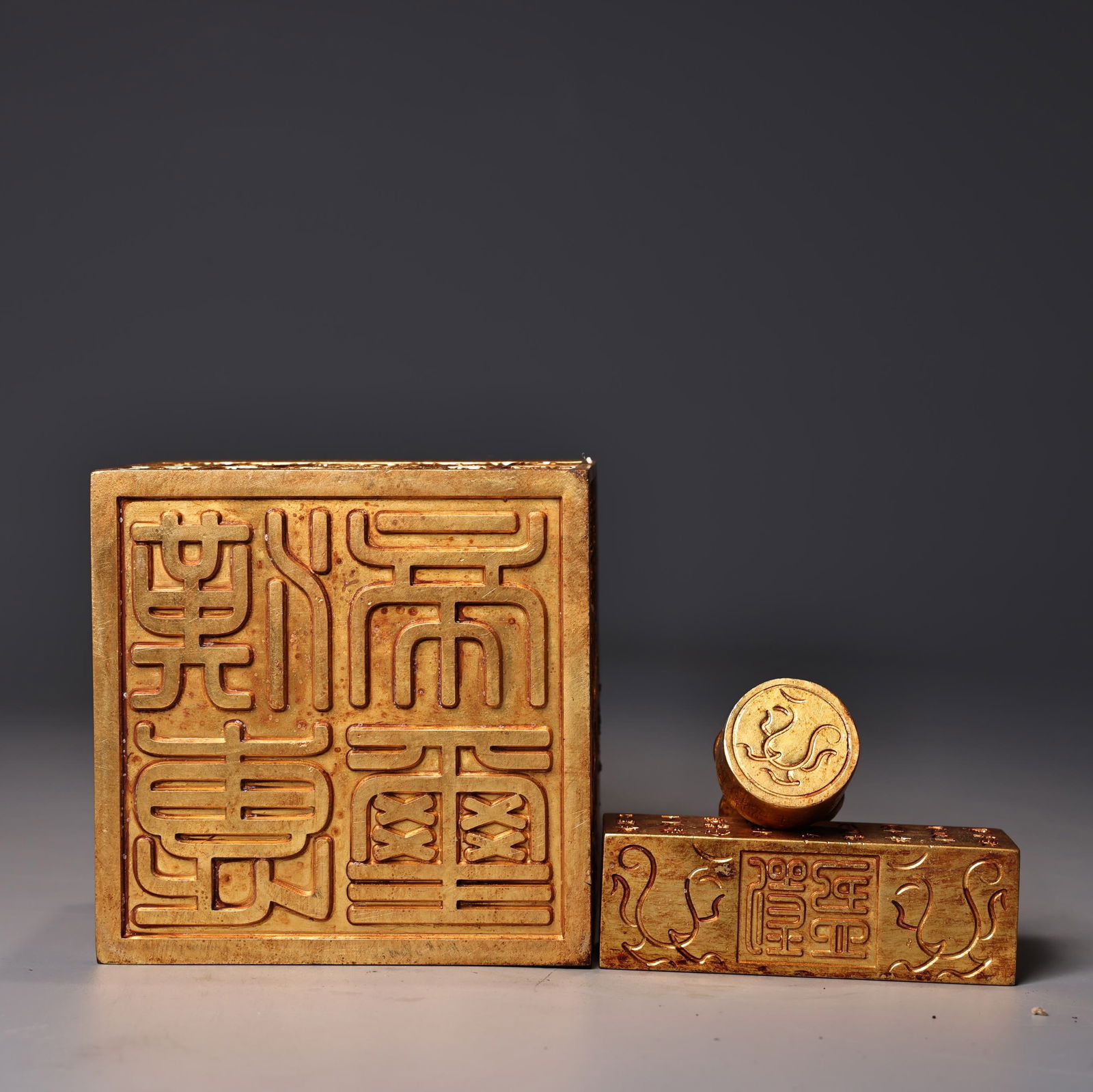 Old Chinese Gilt Gold Copper Fortune Dragon Seal - 9