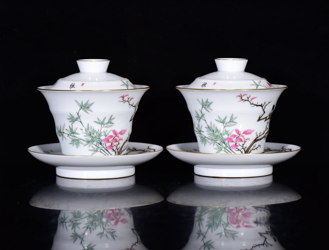 A Pair Chinese Gilt Edge Famille Rose Flowers Bird Design Porcelain Teabowl w Saucer - 2