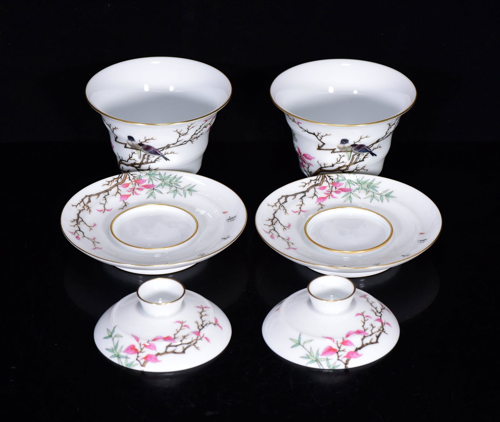 A Pair Chinese Gilt Edge Famille Rose Flowers Bird Design Porcelain Teabowl w Saucer - 4