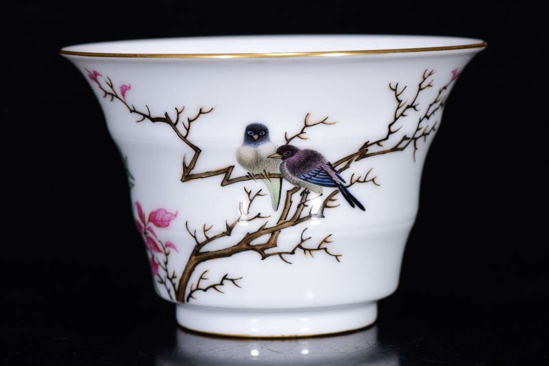 A Pair Chinese Gilt Edge Famille Rose Flowers Bird Design Porcelain Teabowl w Saucer - 5