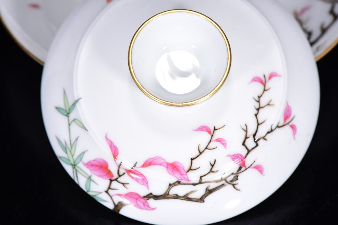 A Pair Chinese Gilt Edge Famille Rose Flowers Bird Design Porcelain Teabowl w Saucer - 8