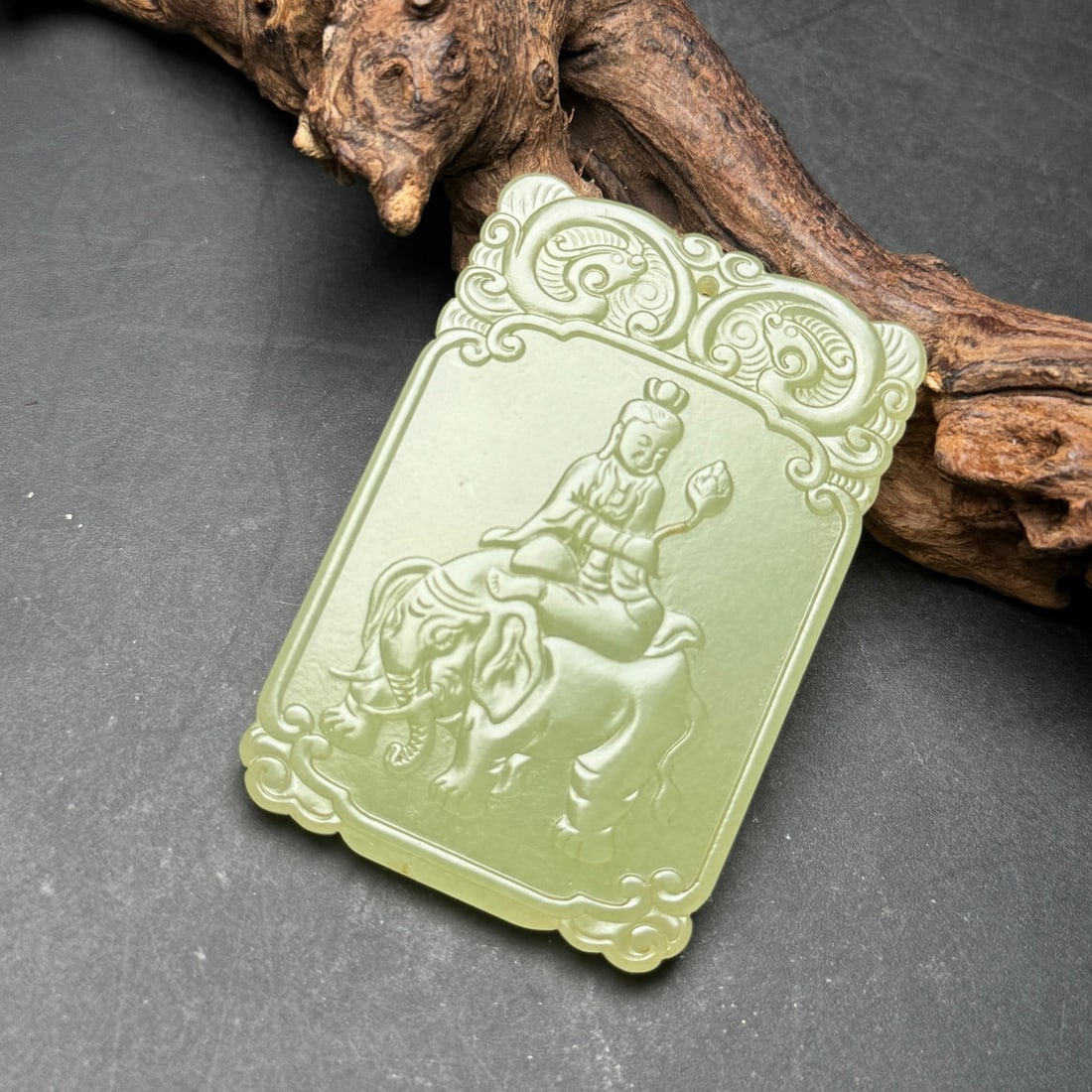 Chinese Hetian Jade Low Relief Samantabhadra & Elephant Pendant - 2