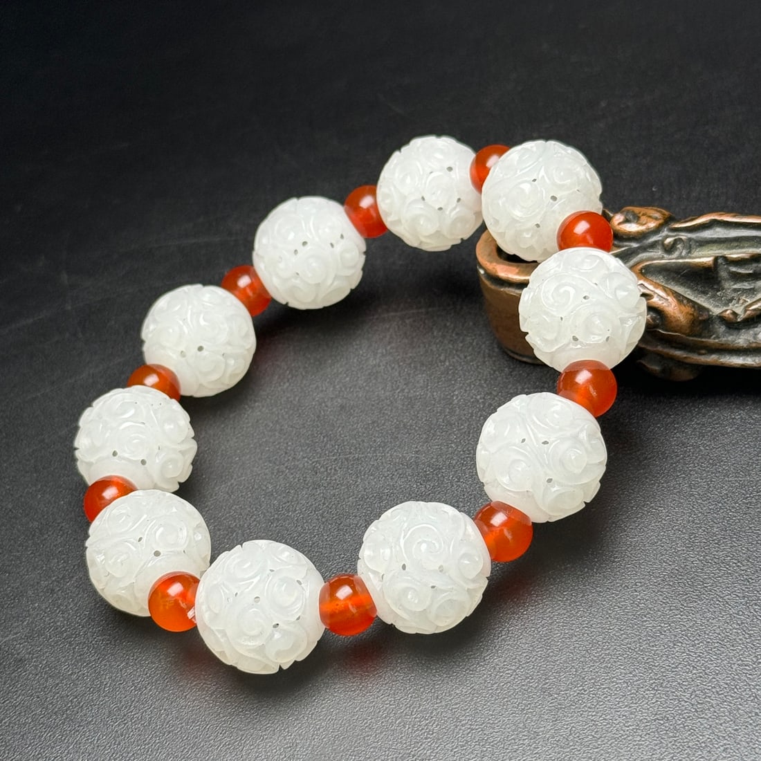 Openwork Chinese Hetian Jade Beads Bracelet - 4