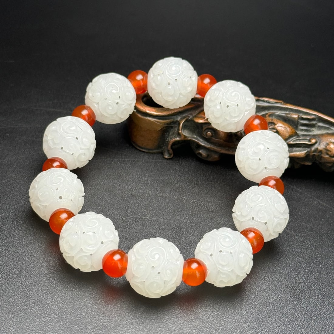 Openwork Chinese Hetian Jade Beads Bracelet - 6