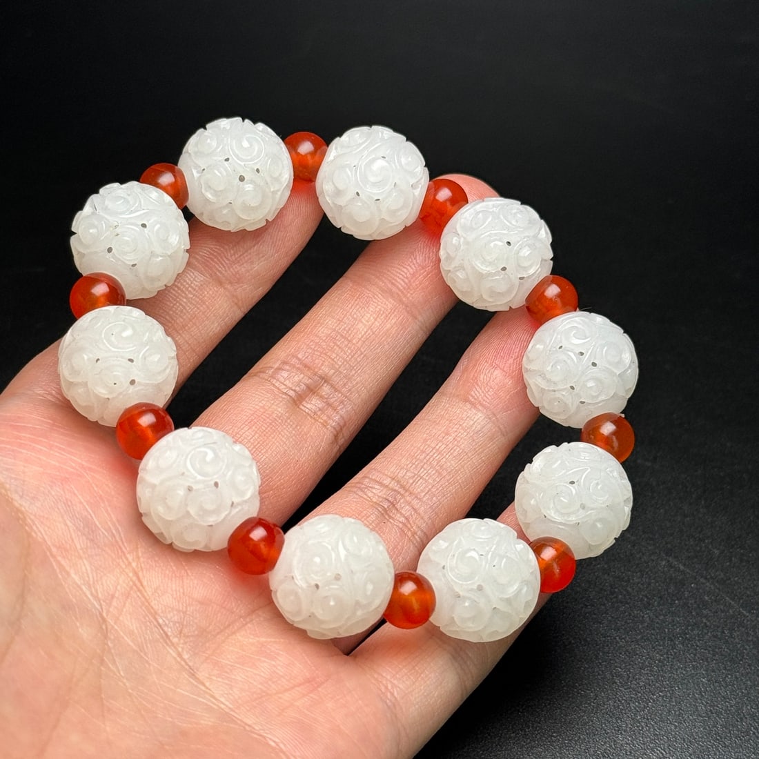 Openwork Chinese Hetian Jade Beads Bracelet - 8