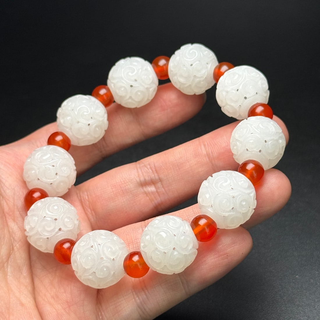 Openwork Chinese Hetian Jade Beads Bracelet - 9