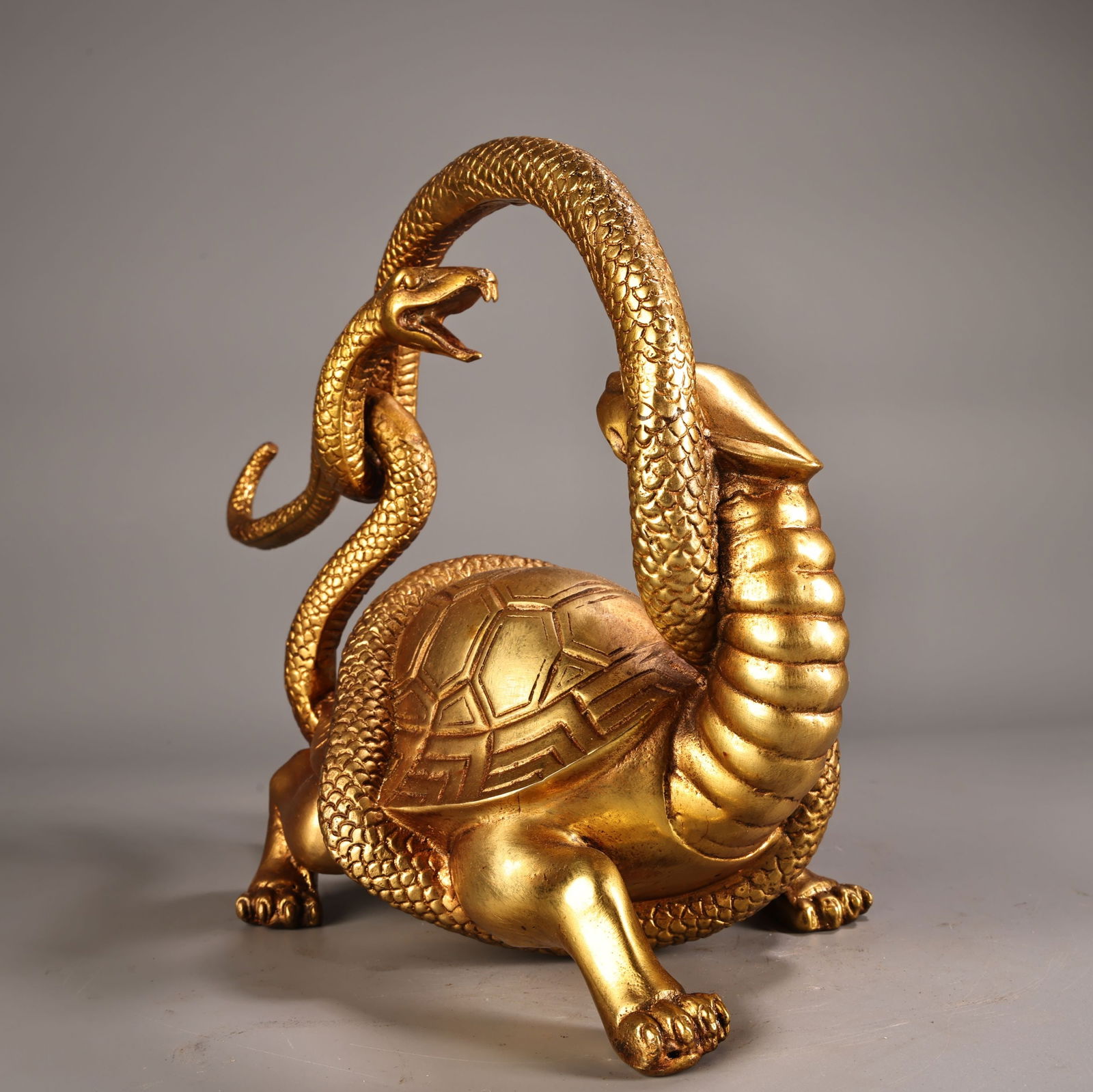 Vintage Chinese Gilt Gold Copper Black Tortoise Statue - 3