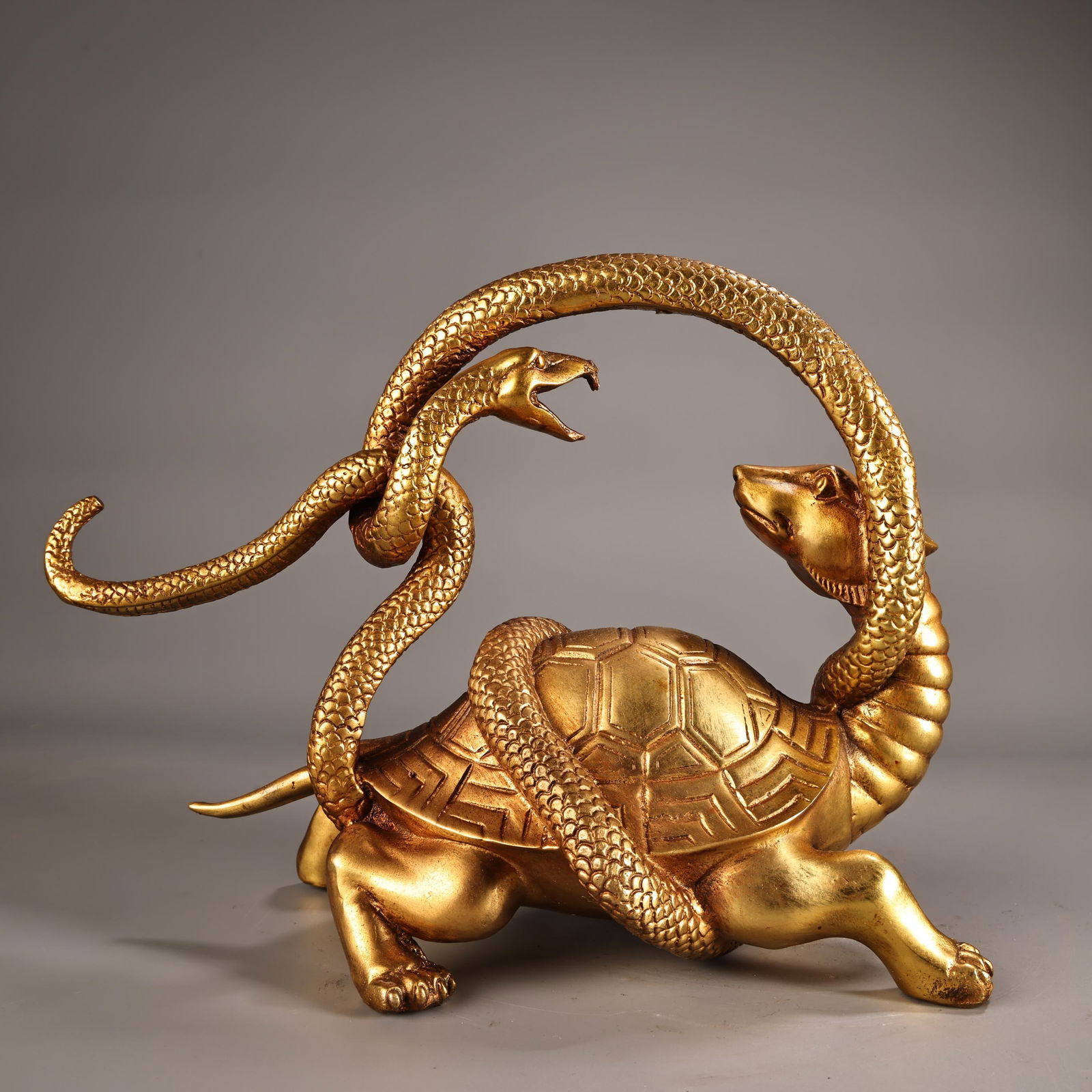 Vintage Chinese Gilt Gold Copper Black Tortoise Statue - 7