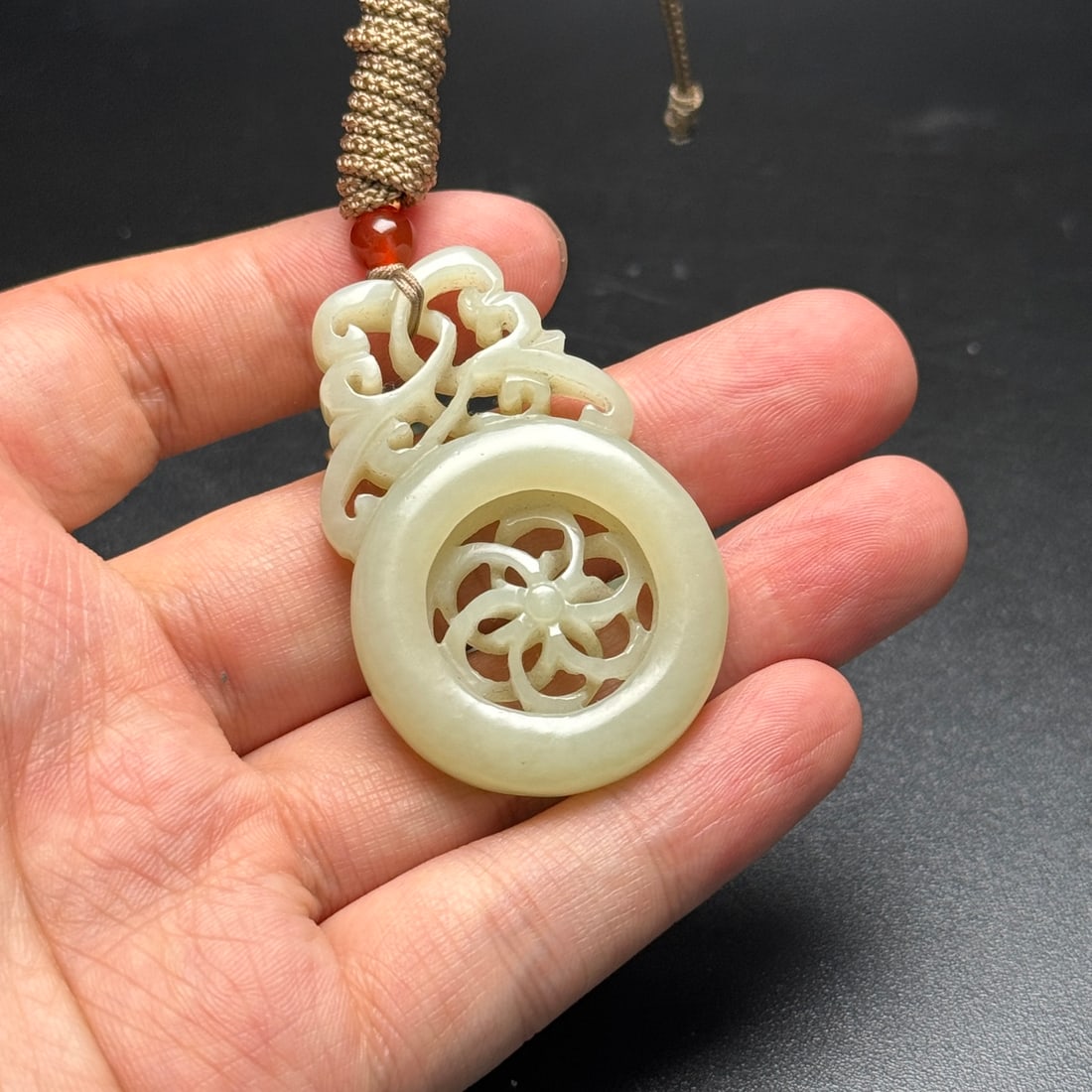 Chinese Hetian Jade Hand Carved Flower Pendant - 8