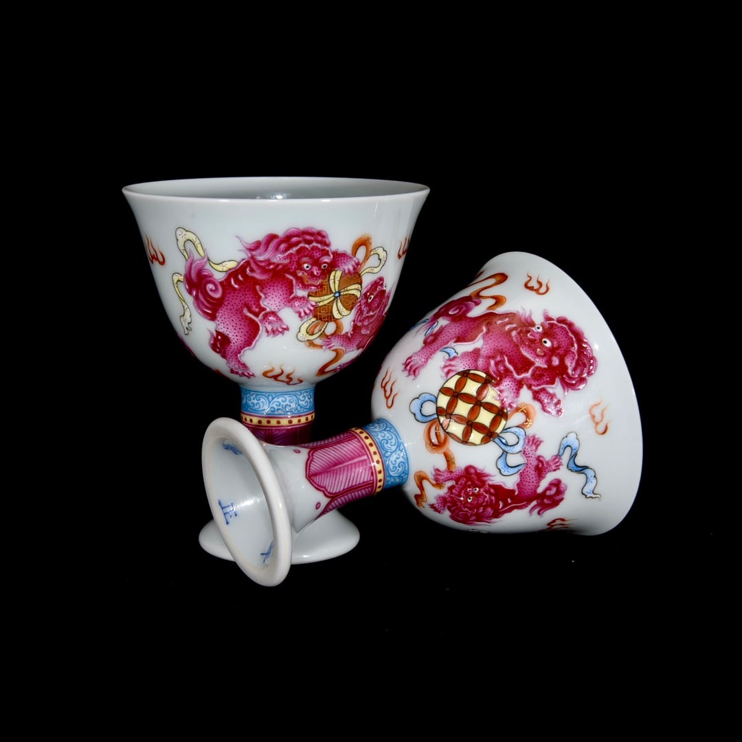 A Pair Chinese Famille Rose Enamel Fortune Lion Design Porcelain Cup - 3