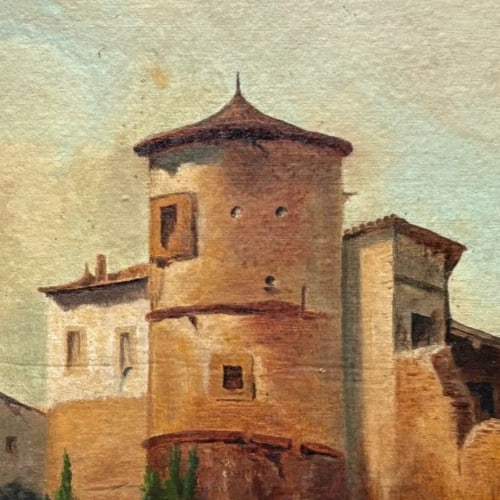 19th Century Fortified Hamlet Village Landscape -Painting Antique Oil Original - 4