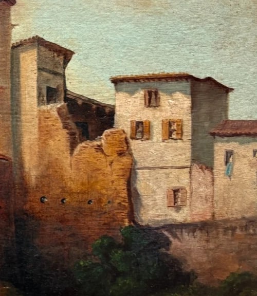 19th Century Fortified Hamlet Village Landscape -Painting Antique Oil Original - 5