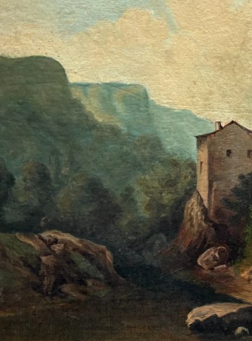 19th Century Fortified Hamlet Village Landscape -Painting Antique Oil Original - 6