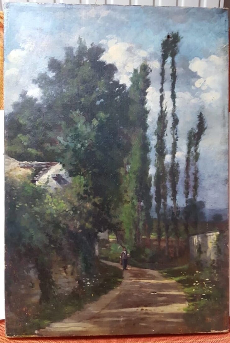 Landscape, Path to House - Painting Antique Oil on canvas Original Old - 2