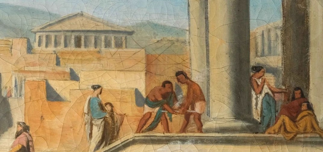 Banquet Scene in Athens, People - Painting Antique Original Old 19th century - 6