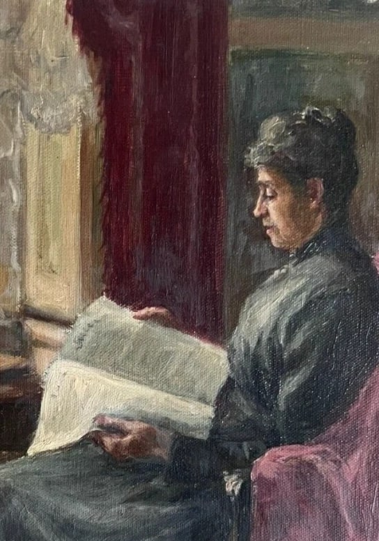 Woman Portrait Reading Antique Oil Painting canvas signed - 3