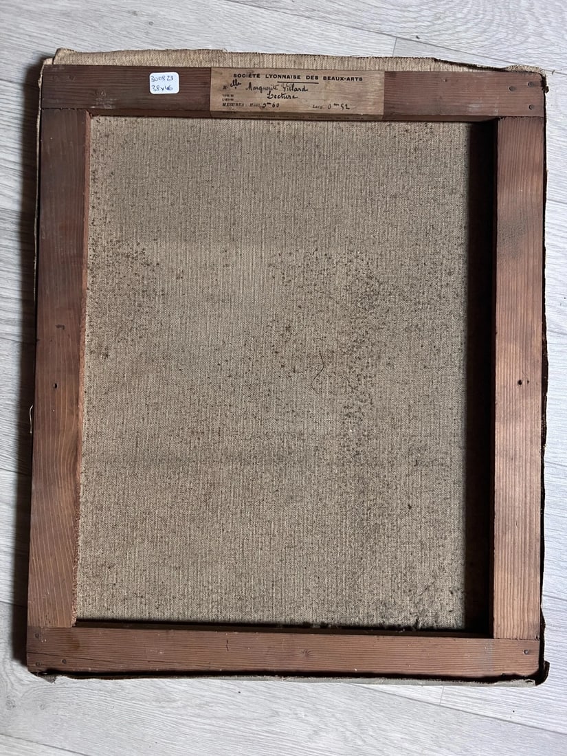 Woman Portrait Reading Antique Oil Painting canvas signed - 7