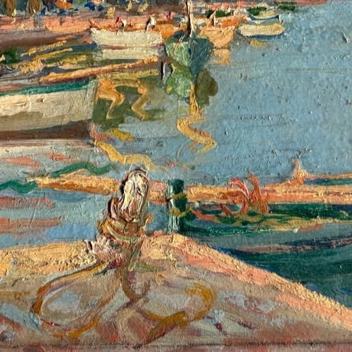 Landscape, People, Seaview, Boats, Village, Port - Antique Oil Painting - 3