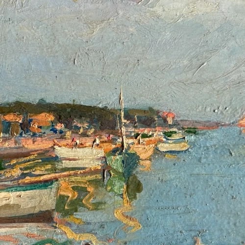 Landscape, People, Seaview, Boats, Village, Port - Antique Oil Painting - 4