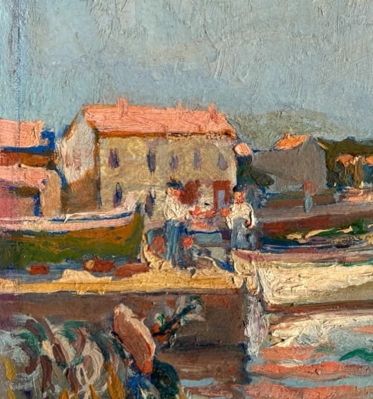 Landscape, People, Seaview, Boats, Village, Port - Antique Oil Painting - 5