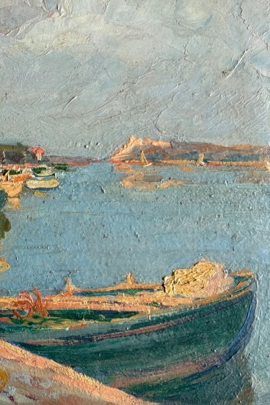 Landscape, People, Seaview, Boats, Village, Port - Antique Oil Painting - 6