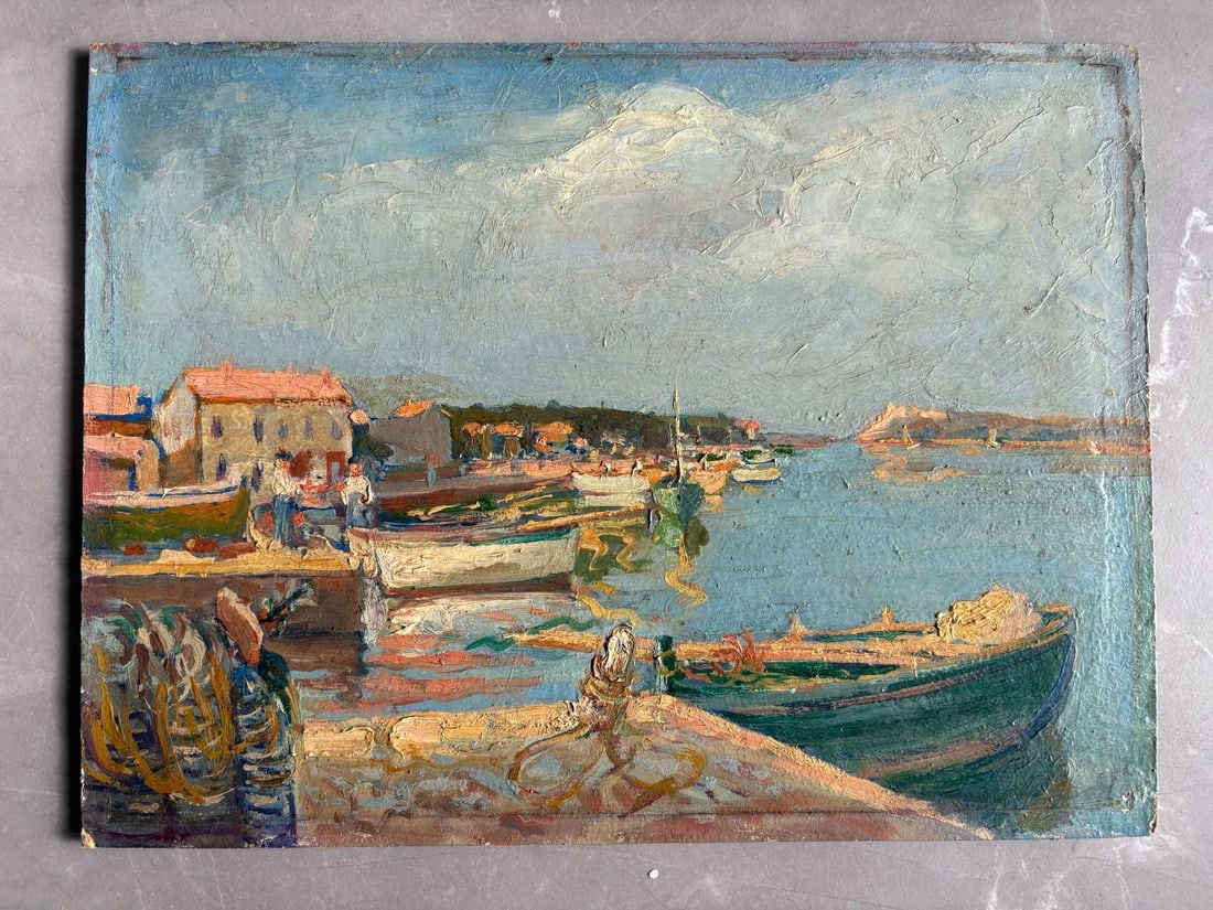 Landscape, People, Seaview, Boats, Village, Port - Antique Oil Painting - 7