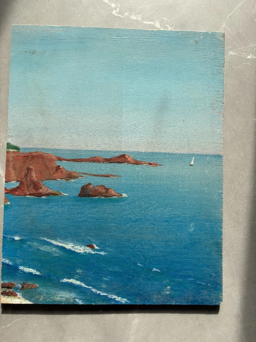 Landscape, Nature,Sea ,Rocks ,Boats - Antique Oil Painting - 2