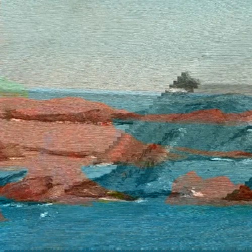 Landscape, Nature,Sea ,Rocks ,Boats - Antique Oil Painting - 5