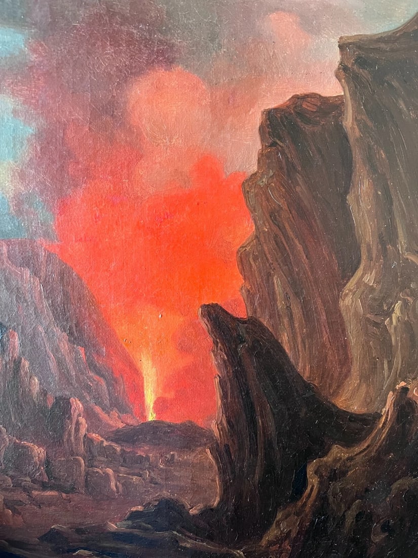 19th century Landscape Volcano in Eruption - Painting Antique Original Oil - 2