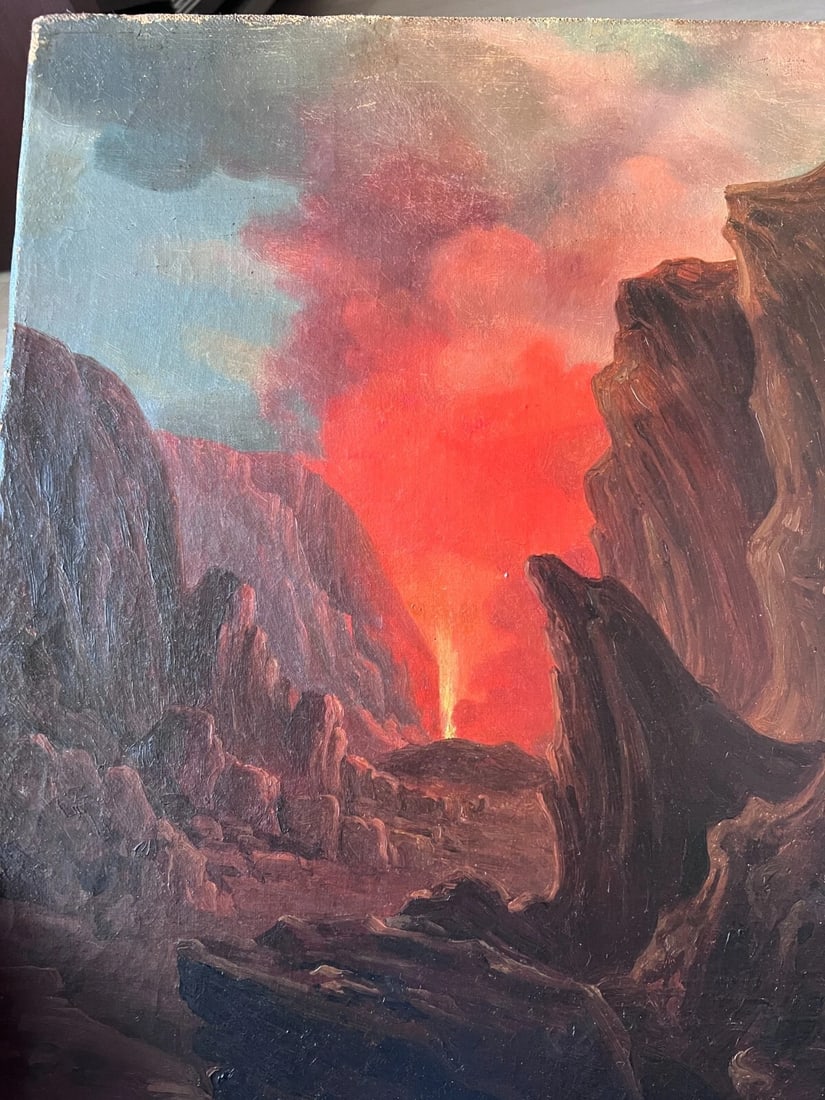 19th century Landscape Volcano in Eruption - Painting Antique Original Oil - 3