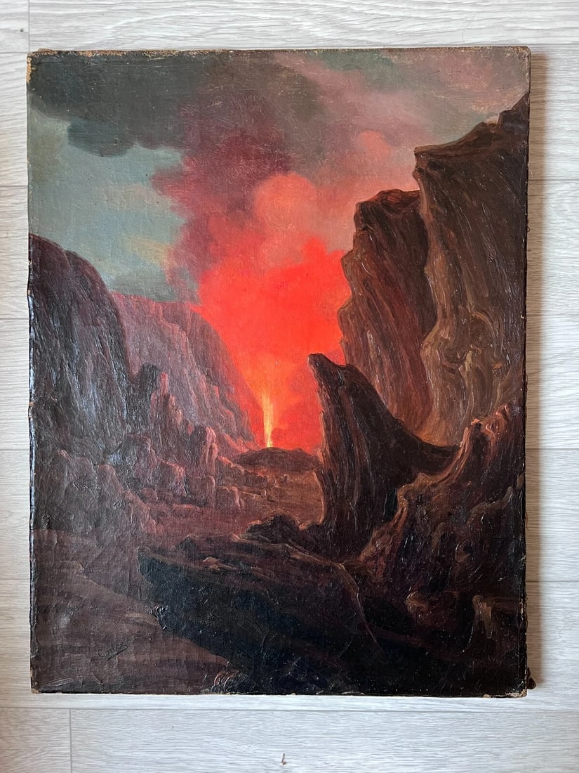 19th century Landscape Volcano in Eruption - Painting Antique Original Oil - 7