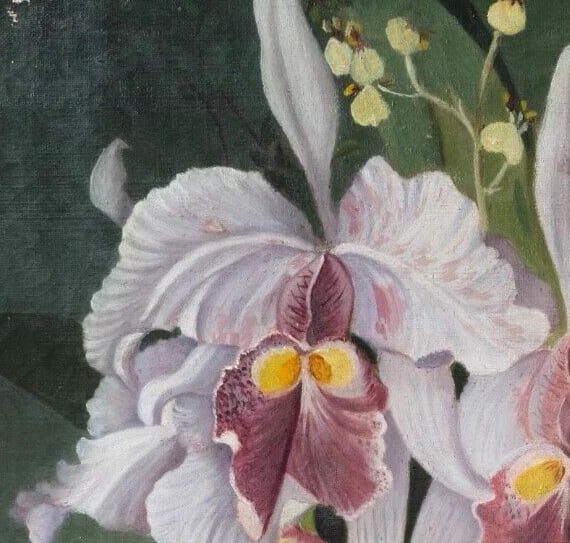 Orchids Flowers, Still Life Bouquet - Painting Vintage Antique Original Oil - 3