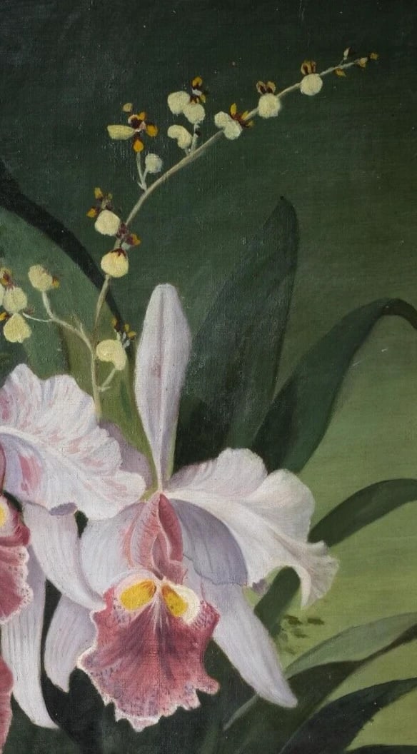 Orchids Flowers, Still Life Bouquet - Painting Vintage Antique Original Oil - 5