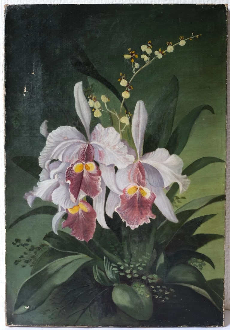 Orchids Flowers, Still Life Bouquet - Painting Vintage Antique Original Oil - 6