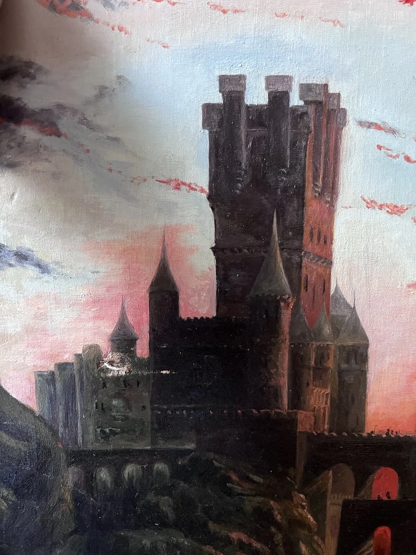 19th Century Landscape Castle, People, Sunset - Painting Antique Original Oil - 2