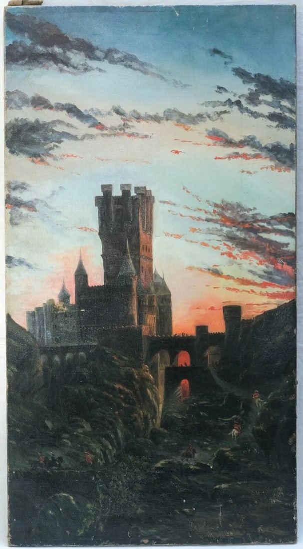 19th Century Landscape Castle, People, Sunset - Painting Antique Original Oil - 3