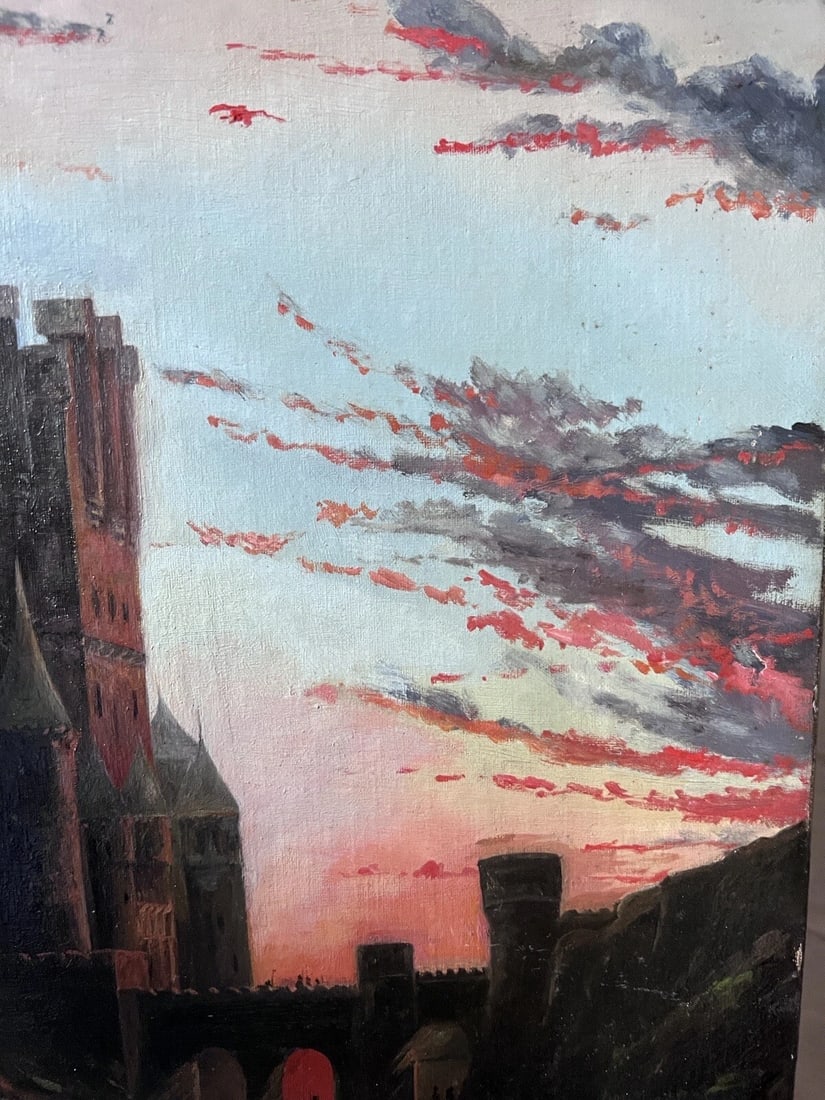 19th Century Landscape Castle, People, Sunset - Painting Antique Original Oil - 4