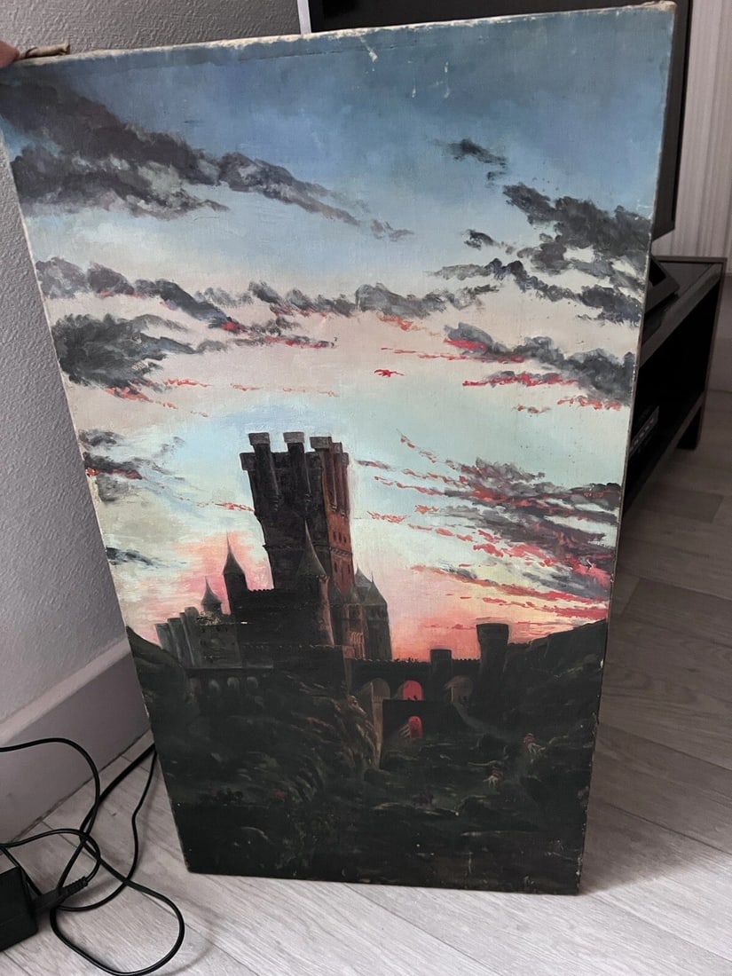 19th Century Landscape Castle, People, Sunset - Painting Antique Original Oil - 6