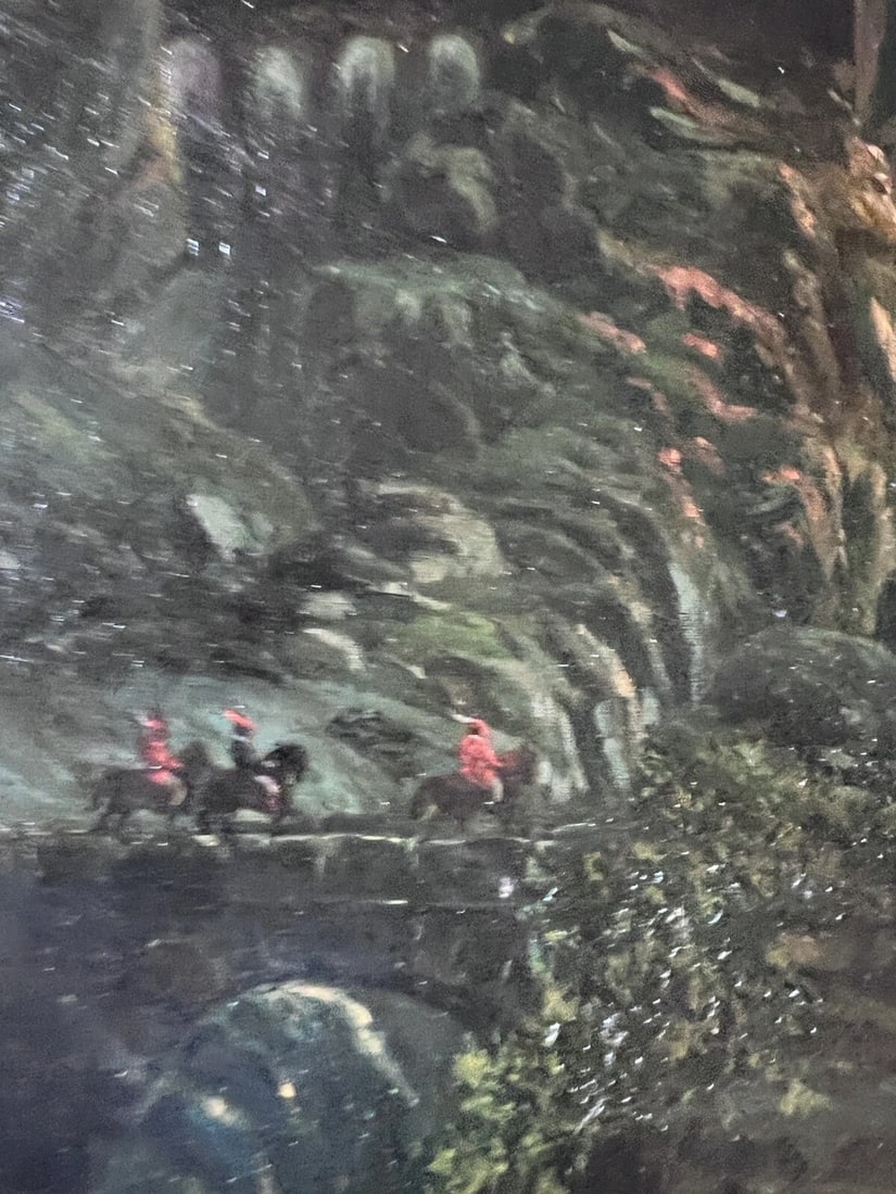 19th Century Landscape Castle, People, Sunset - Painting Antique Original Oil - 7