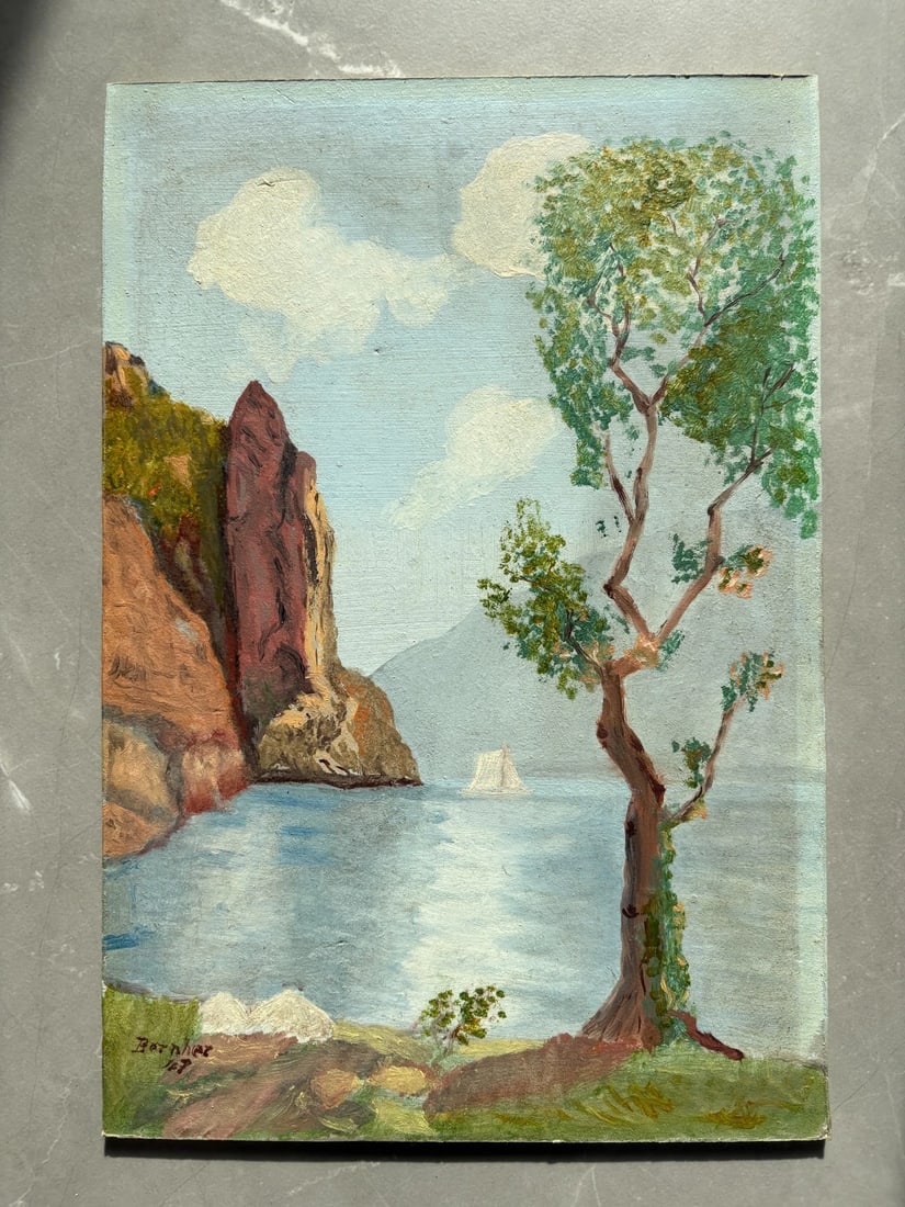 Landscape, Nature, Winter, Boats, Mountain - Antique Oil Painting Signed - 2