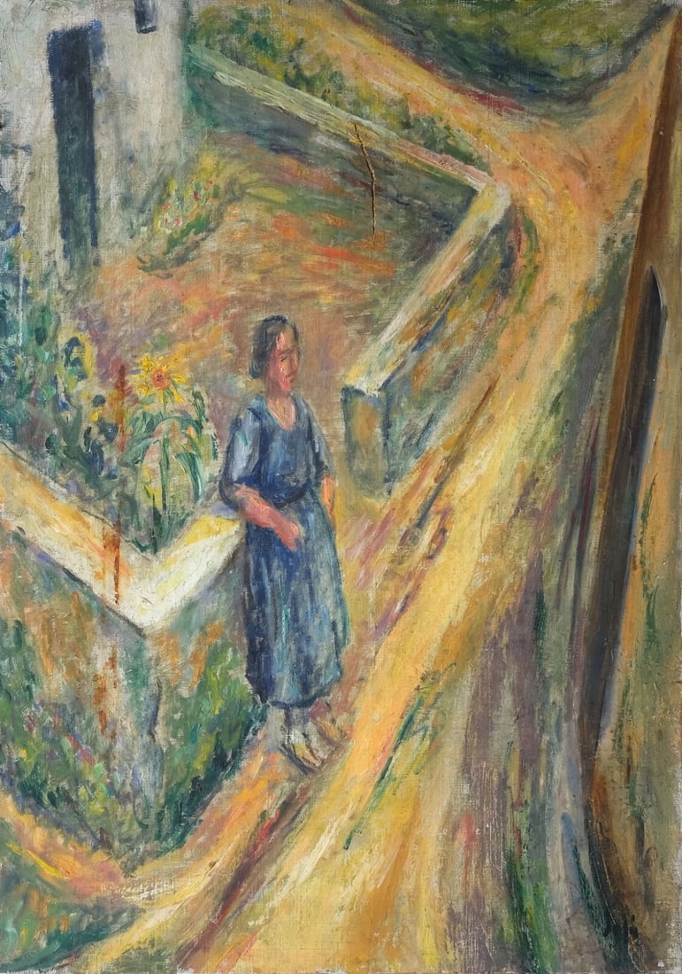 Woman Portrait Sunflower in Landscape - Painting Antique Modern Oil On Canvas: Title: Woman Portrait Sunflower in Landscape - Painting Antique Modern Oil On Canvas Description: Painting Woman With A Sunflower in Landscape, Modern Oil On Canvas oil on canvas 66 x 46 cm / 25.98 x