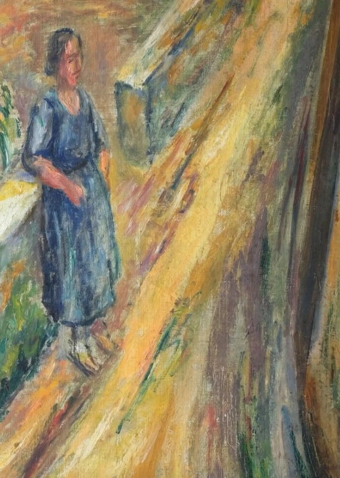 Woman Portrait Sunflower in Landscape - Painting Antique Modern Oil On Canvas - 3