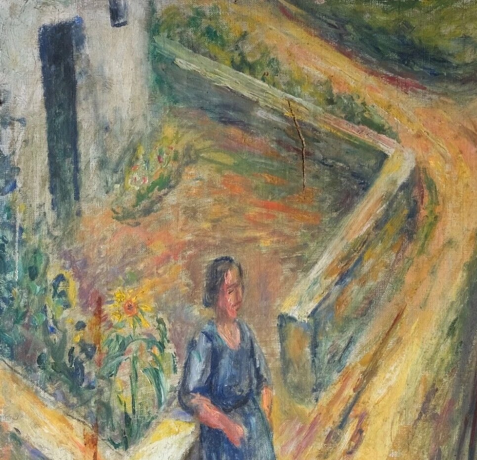 Woman Portrait Sunflower in Landscape - Painting Antique Modern Oil On Canvas - 4