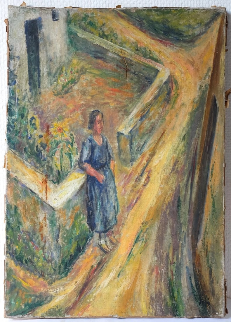 Woman Portrait Sunflower in Landscape - Painting Antique Modern Oil On Canvas - 6