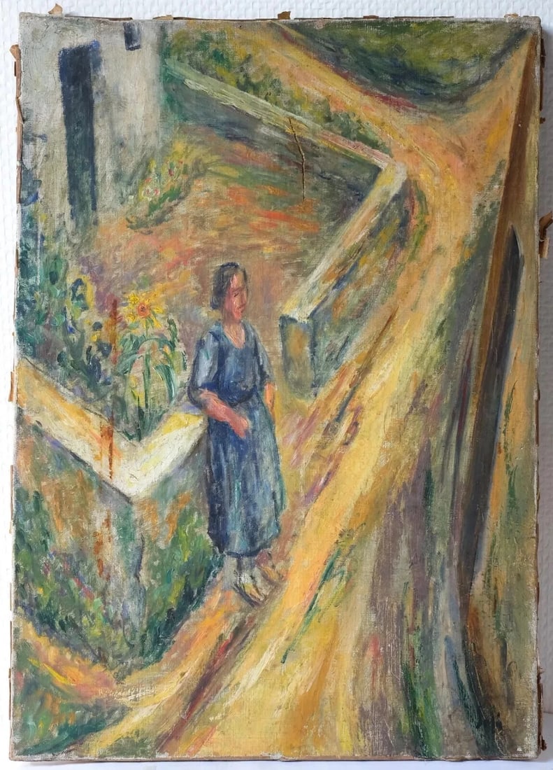 Woman Portrait Sunflower in Landscape - Painting Antique Modern Oil On Canvas - 8