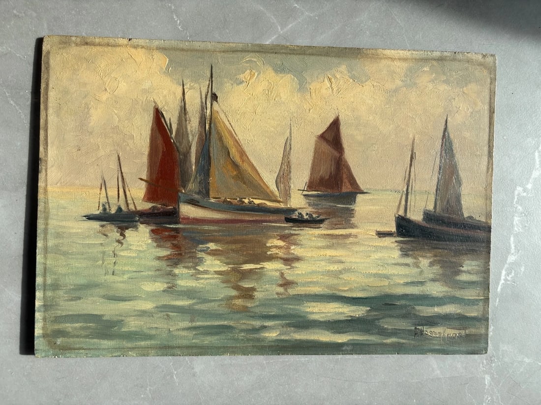 Landscape, Nature, Winter, Boats, Mountain - Antique Oil Painting Signed - 2