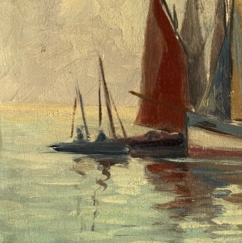 Landscape, Nature, Winter, Boats, Mountain - Antique Oil Painting Signed - 3